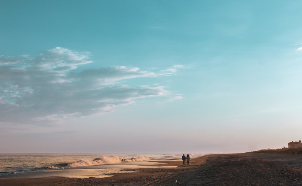 a couple of people walking down a beach next to the ocean