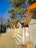 A row of colorful small wooden cabins with stairs leading to heart-shaped doors on their fronts. The cabins are painted in bright colors, including orange, yellow, red, green, and blue. Tall pine trees stand in the background under a clear blue sky.