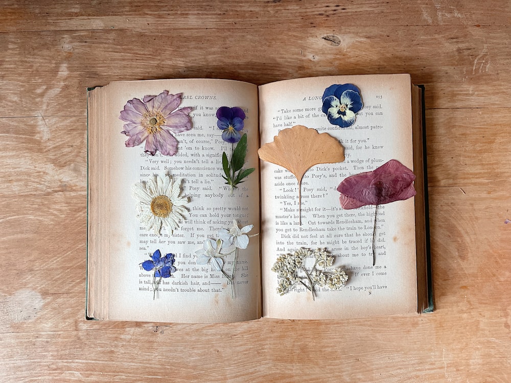 an open book with pressed flowers on it