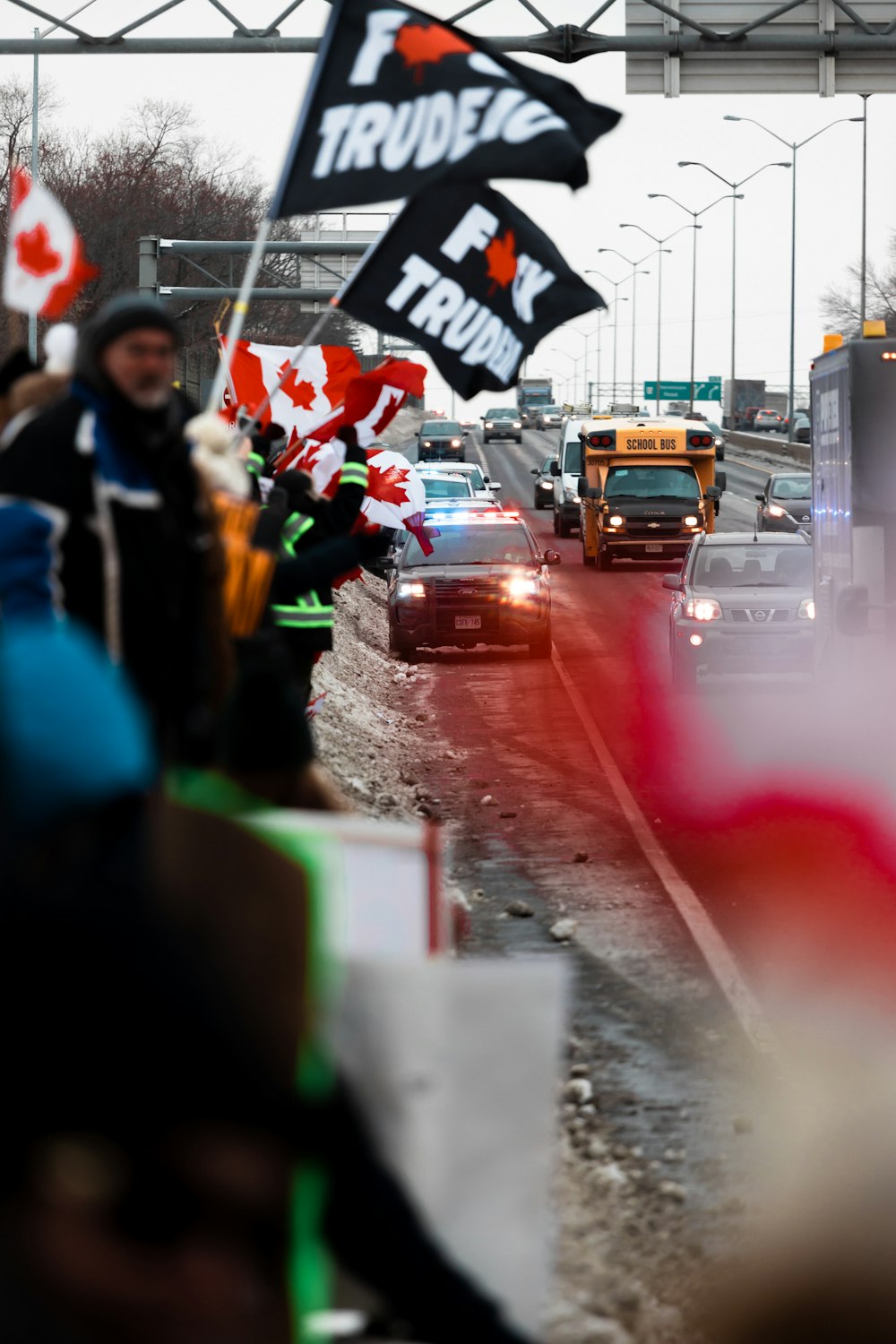 a group of people holding canadian flags on the side of a road