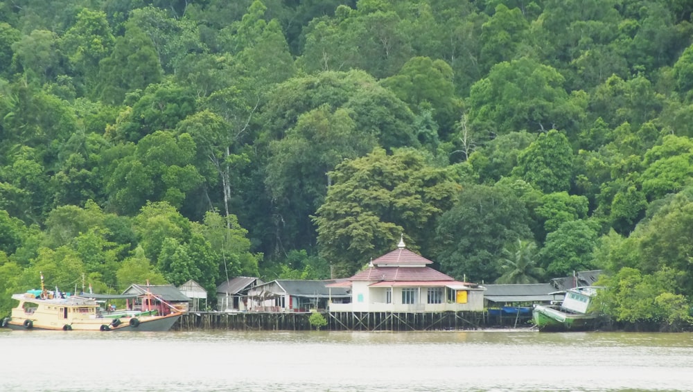 a group of houses sitting on top of a lake next to a forest