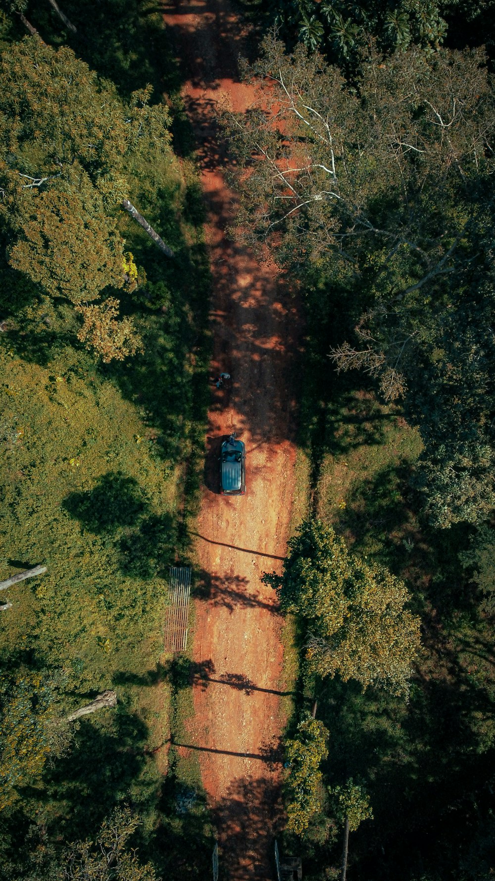 an aerial view of a dirt road surrounded by trees