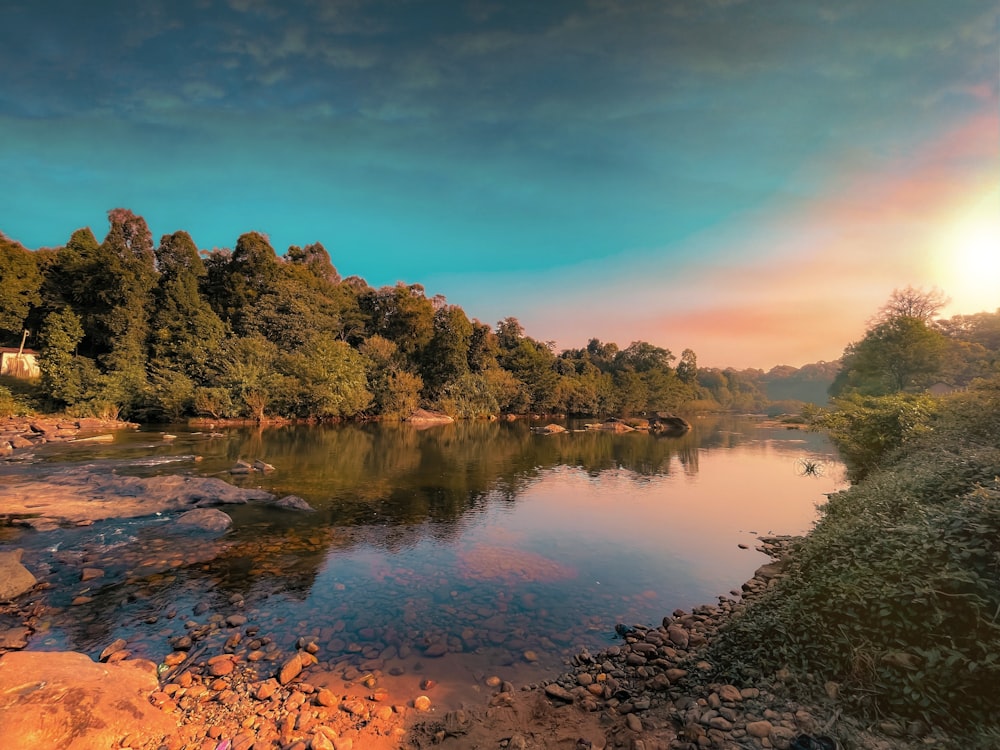 the sun is setting over a river surrounded by trees