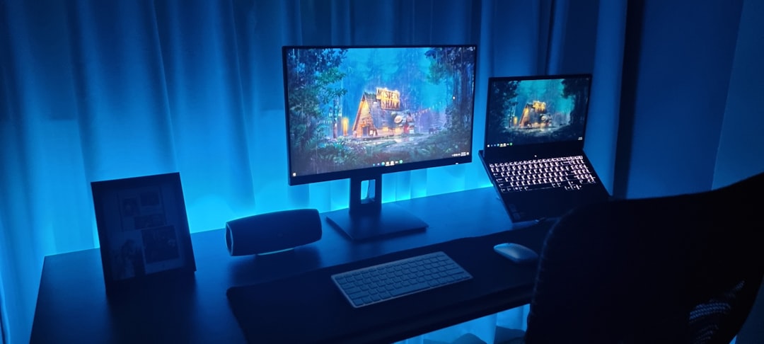 a desktop computer sitting on top of a desk, Desk set up 2021
