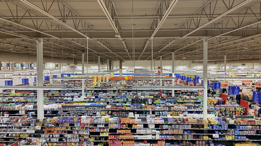 Supermarket aisles viewed from above