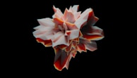 A geometric and abstract 3D shape with sharp, angular facets in a mix of light and dark tones, resembling a crystallized structure with a central convergence of points. The object is rendered in shades of red, white, and black, against a solid black background.