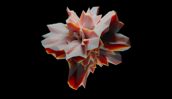 A geometric and abstract 3D shape with sharp, angular facets in a mix of light and dark tones, resembling a crystallized structure with a central convergence of points. The object is rendered in shades of red, white, and black, against a solid black background.