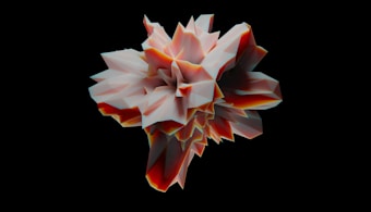 A geometric and abstract 3D shape with sharp, angular facets in a mix of light and dark tones, resembling a crystallized structure with a central convergence of points. The object is rendered in shades of red, white, and black, against a solid black background.