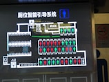 An illuminated diagram in a public area showing an intelligent guide system for restroom occupancy. It features Chinese text and a layout with indicators representing stall availability. Red and green icons depict occupied and available stalls respectively. Additional icons and directional arrows provide navigation assistance.