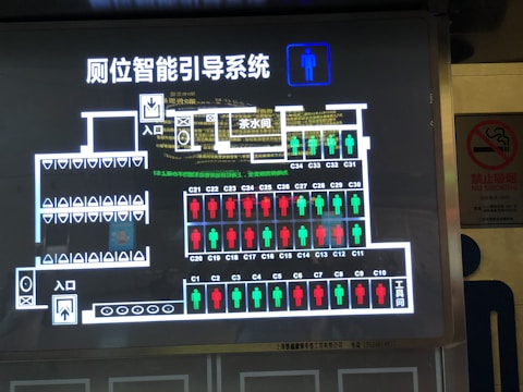 An illuminated diagram in a public area showing an intelligent guide system for restroom occupancy. It features Chinese text and a layout with indicators representing stall availability. Red and green icons depict occupied and available stalls respectively. Additional icons and directional arrows provide navigation assistance.