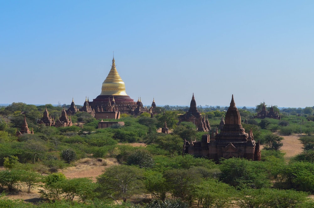 a large group of temples in the middle of a field