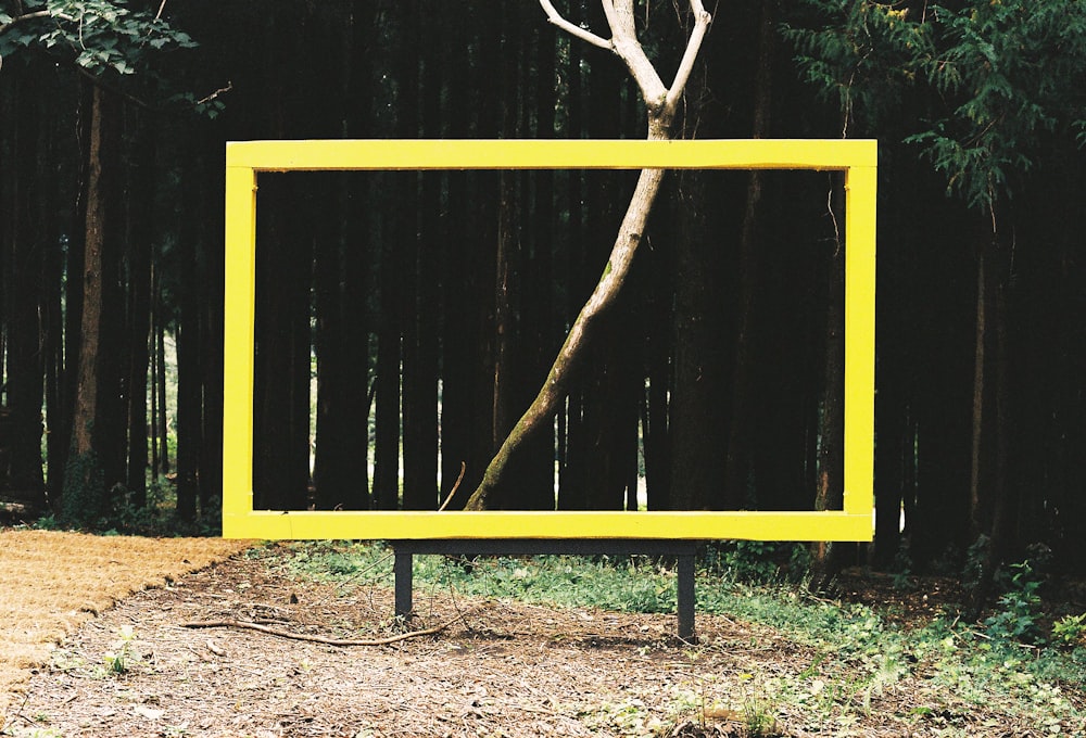 a yellow frame sitting in the middle of a forest