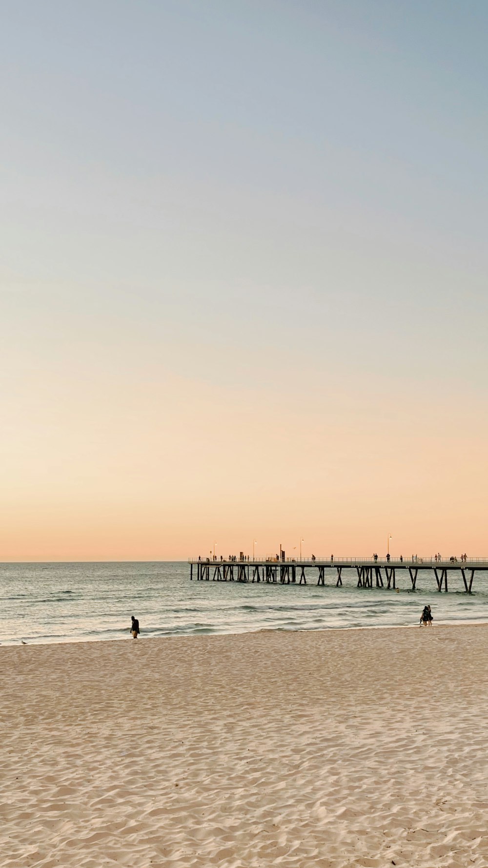 a group of people on a beach with a pier in the background