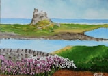 A scenic landscape painting features a distant castle on a lush green hill surrounded by a blue sea. In the foreground, there is a stone wall and vibrant wildflowers in shades of pink and white. The painting captures a tranquil coastal setting under a clear sky.