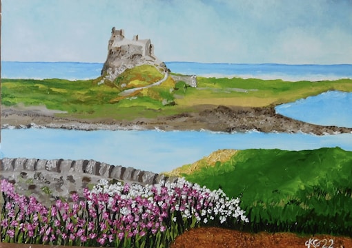 A scenic landscape painting features a distant castle on a lush green hill surrounded by a blue sea. In the foreground, there is a stone wall and vibrant wildflowers in shades of pink and white. The painting captures a tranquil coastal setting under a clear sky.