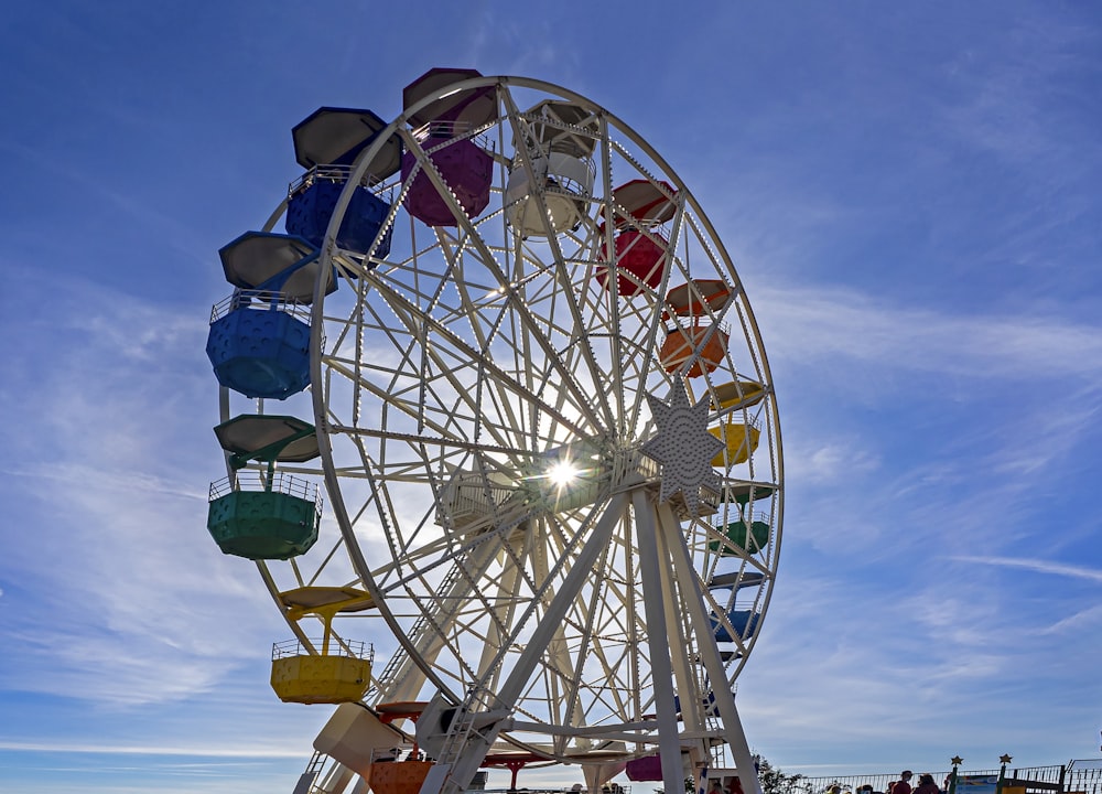 a ferris wheel with colorful umbrellas on a sunny day