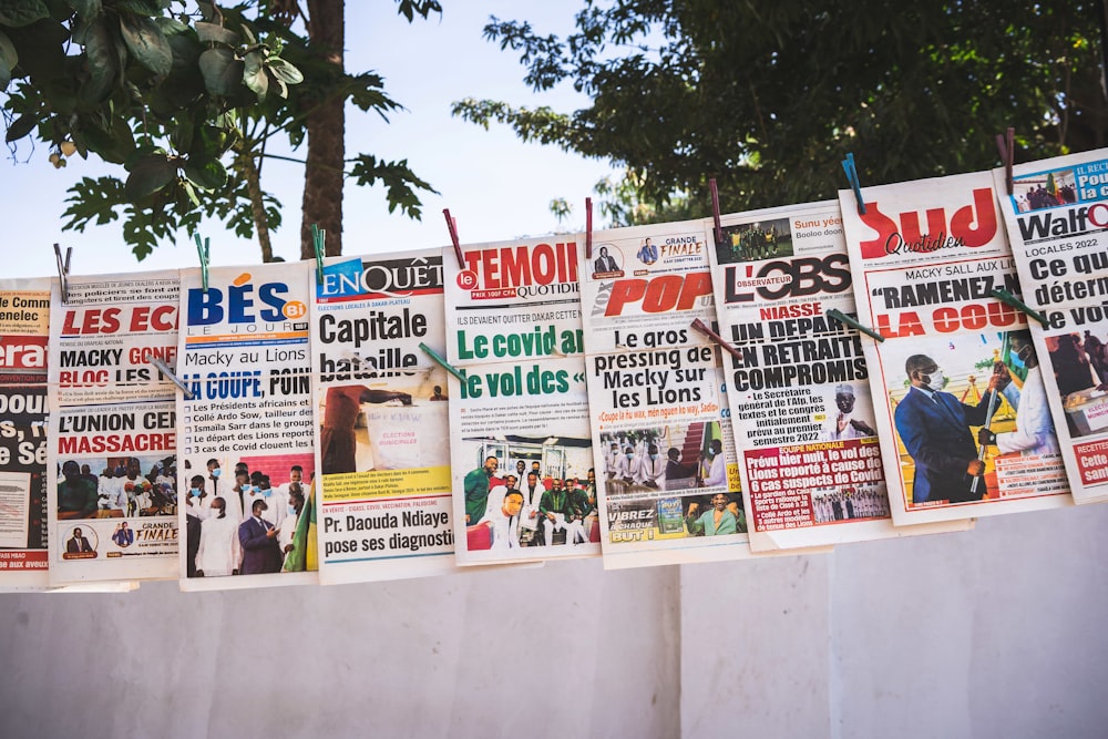 a number of newspapers on a wall with trees in the background