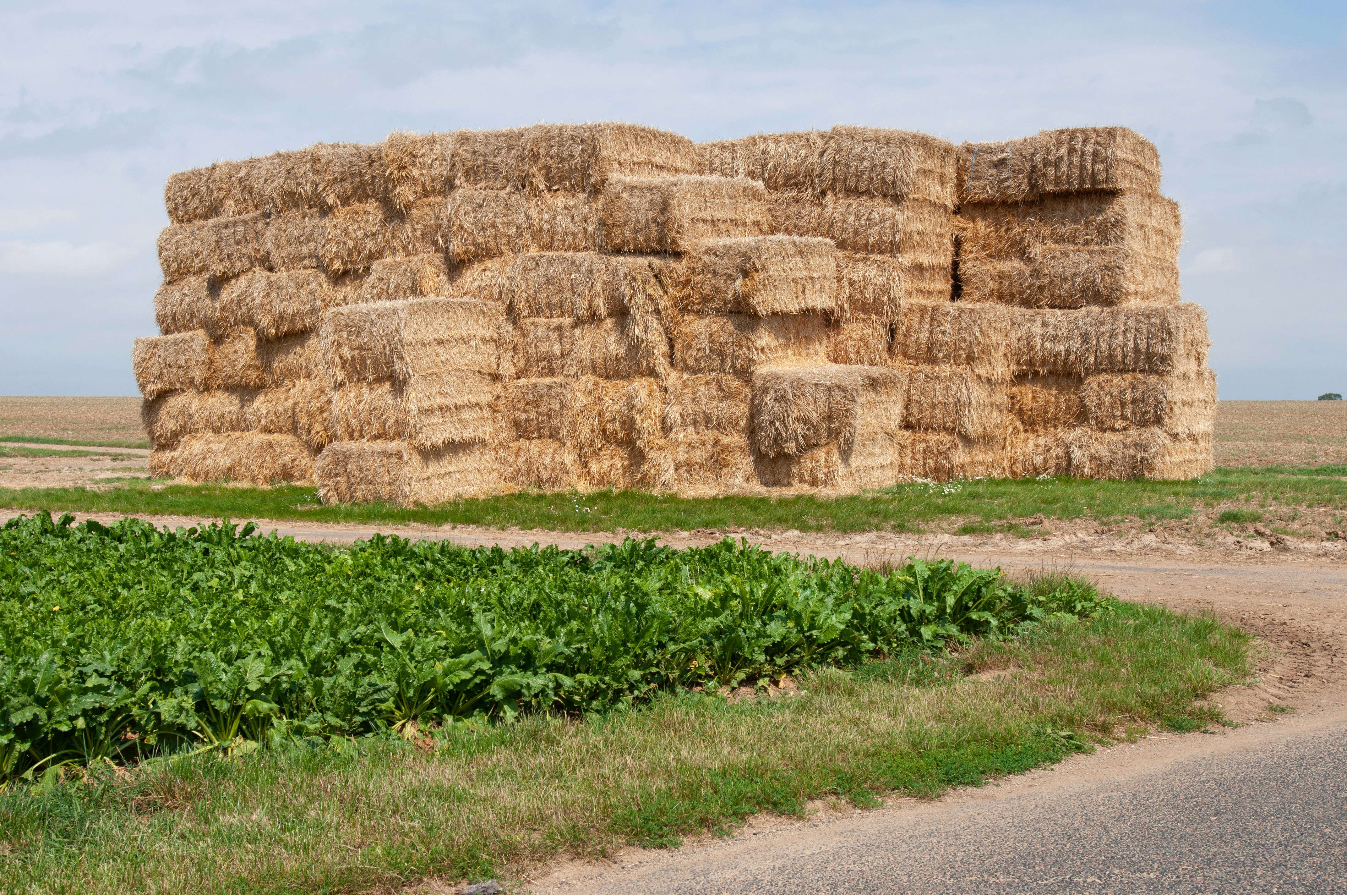 a large pile of hay sitting on the side of a road