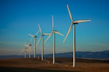 a row of wind turbines in a field