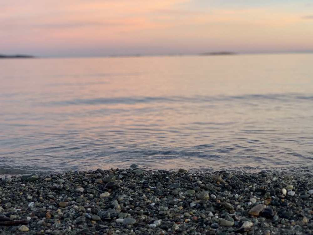 a close up of a beach with a body of water in the background