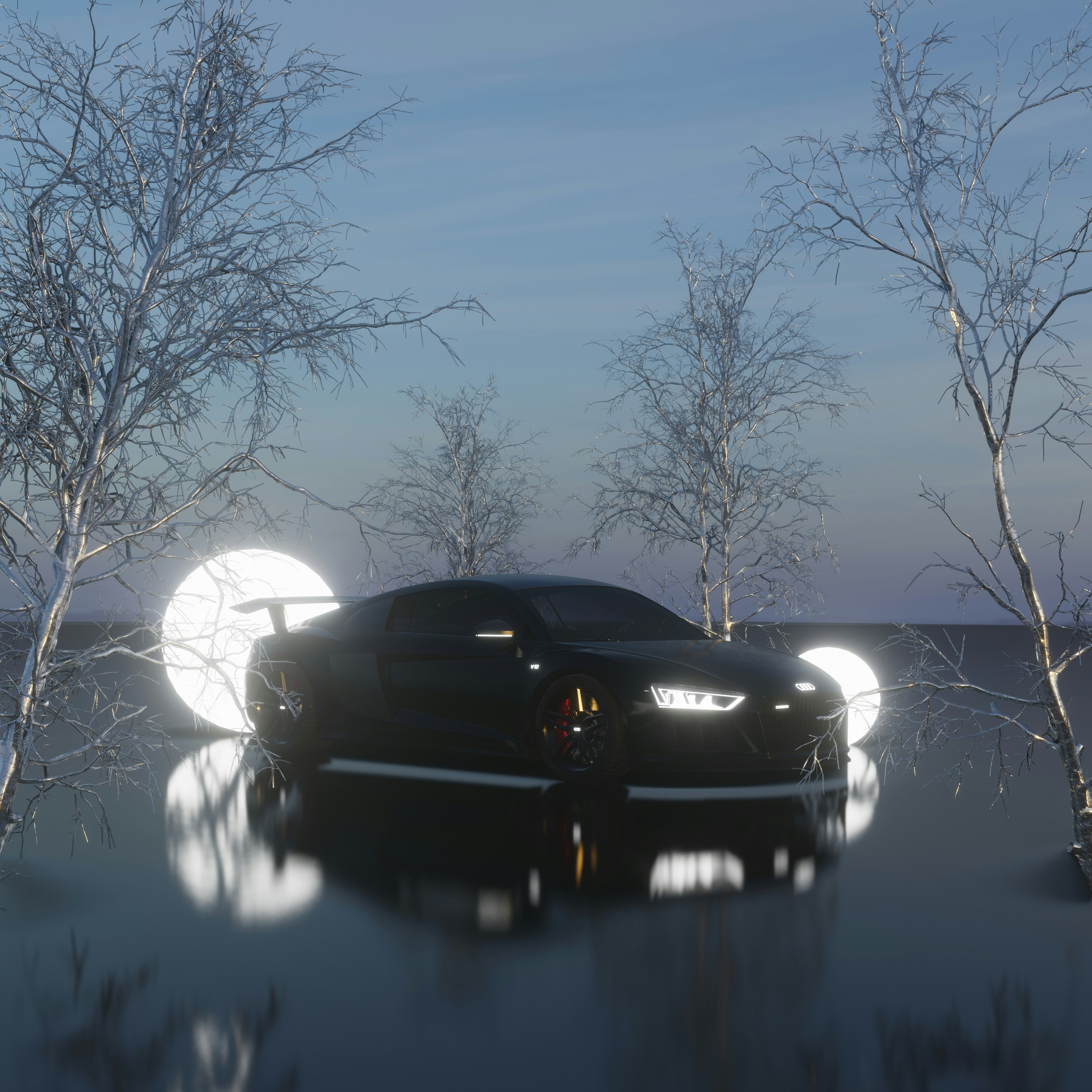 a black sports car parked in front of some trees