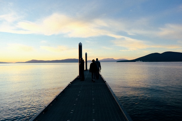a couple of people standing on top of a pier