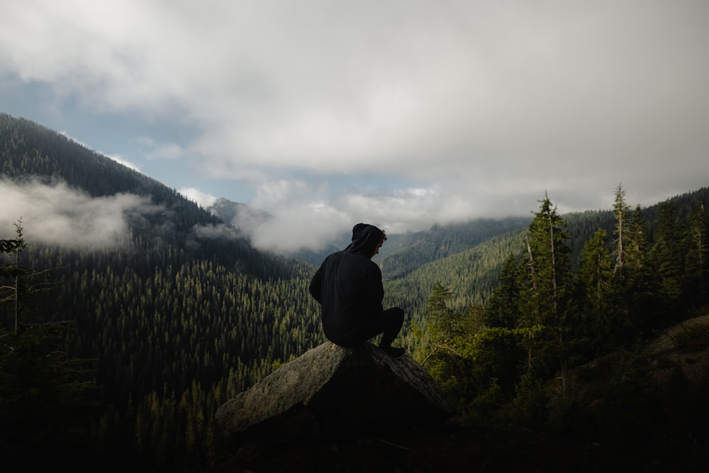 a man sitting on a rock looking at the mountains