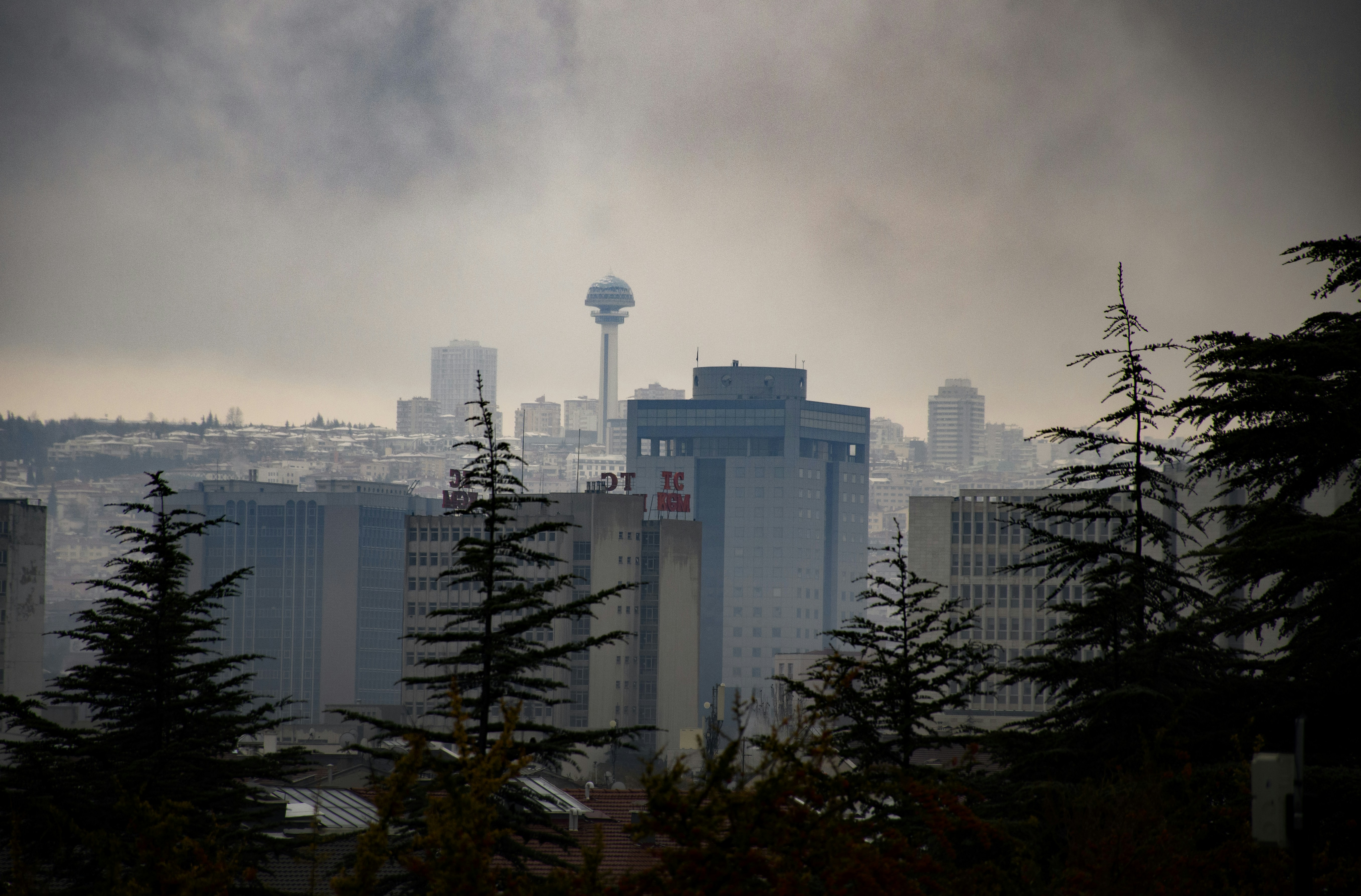 a view of a city with a tower in the distance