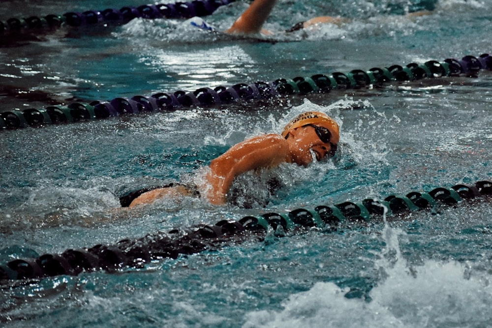 a group of people swimming in a pool