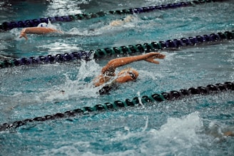 Several swimmers in action, performing the front crawl stroke in a swimming pool with lane dividers visible. Water splashes around them as they swim intensely.