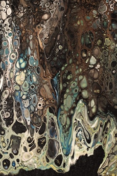 An abstract fluid art piece with intricate patterns and a marbled effect. Shades of green, blue, brown, and black blend together, creating a sense of movement and depth. Organic shapes and circular formations give the impression of a natural, organic texture.