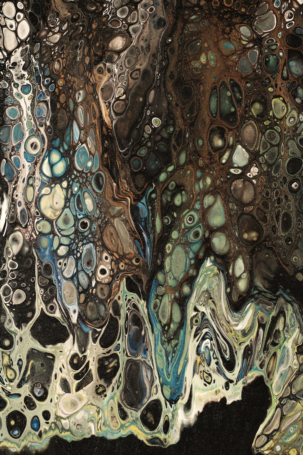 a close up of a painting of water and bubbles