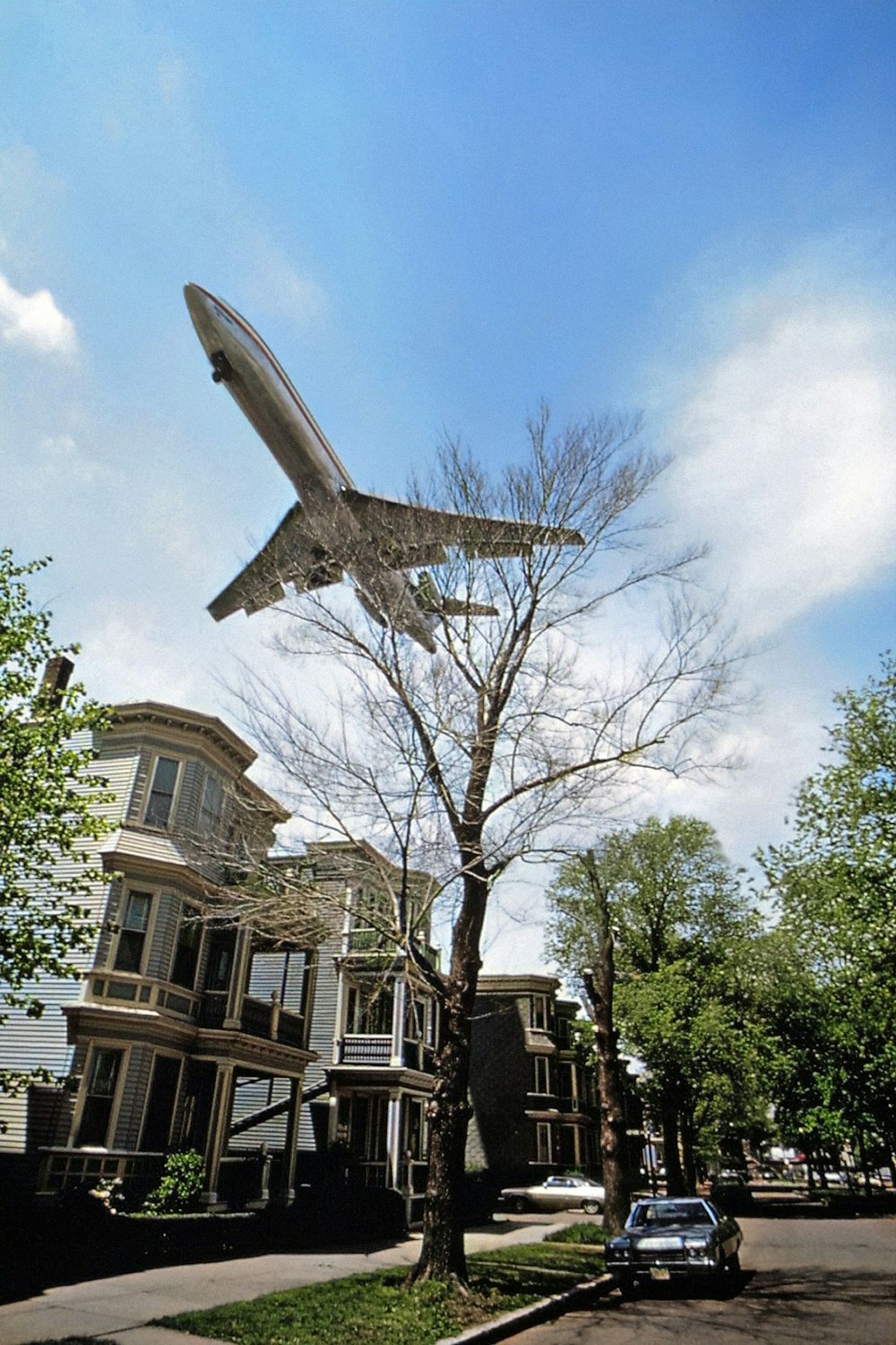 Un aereo che sorvola un albero davanti a una fila di case