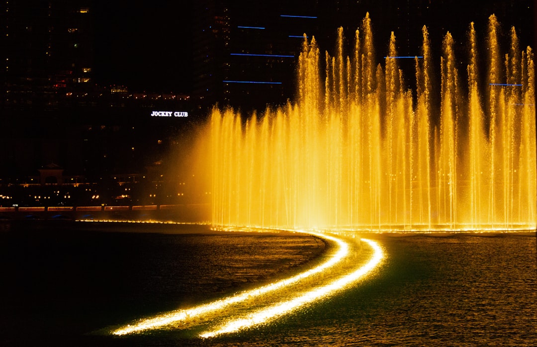 a large water fountain is lit up at night,