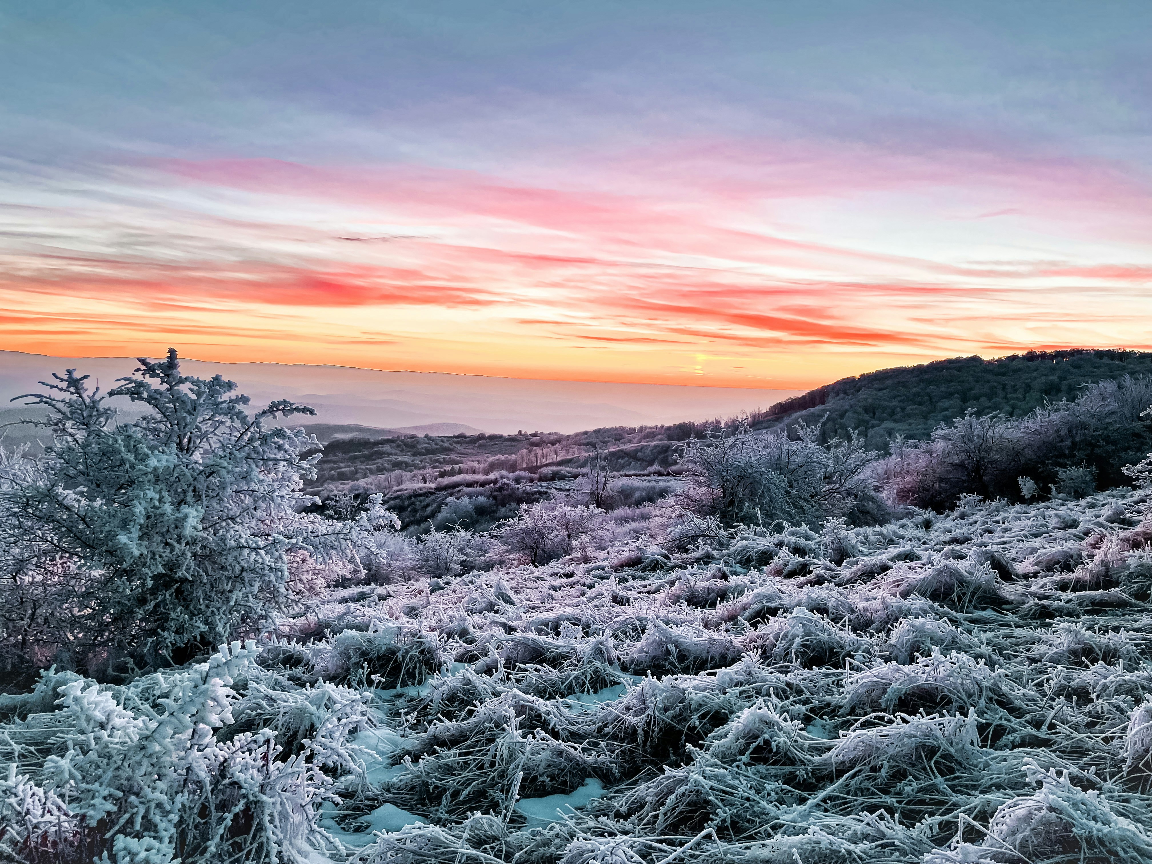 a field covered in frost with a sunset in the background