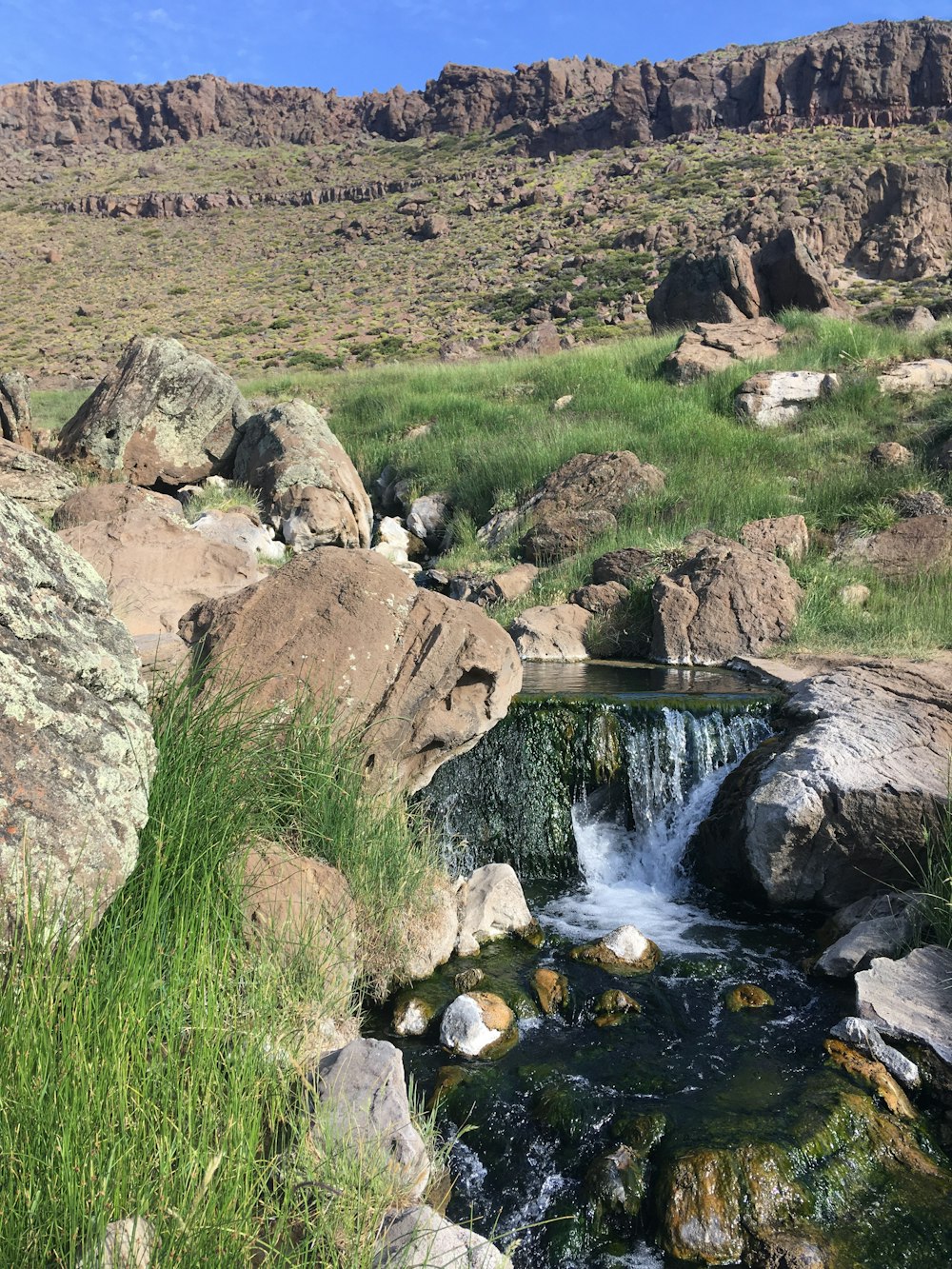 a stream running through a lush green valley