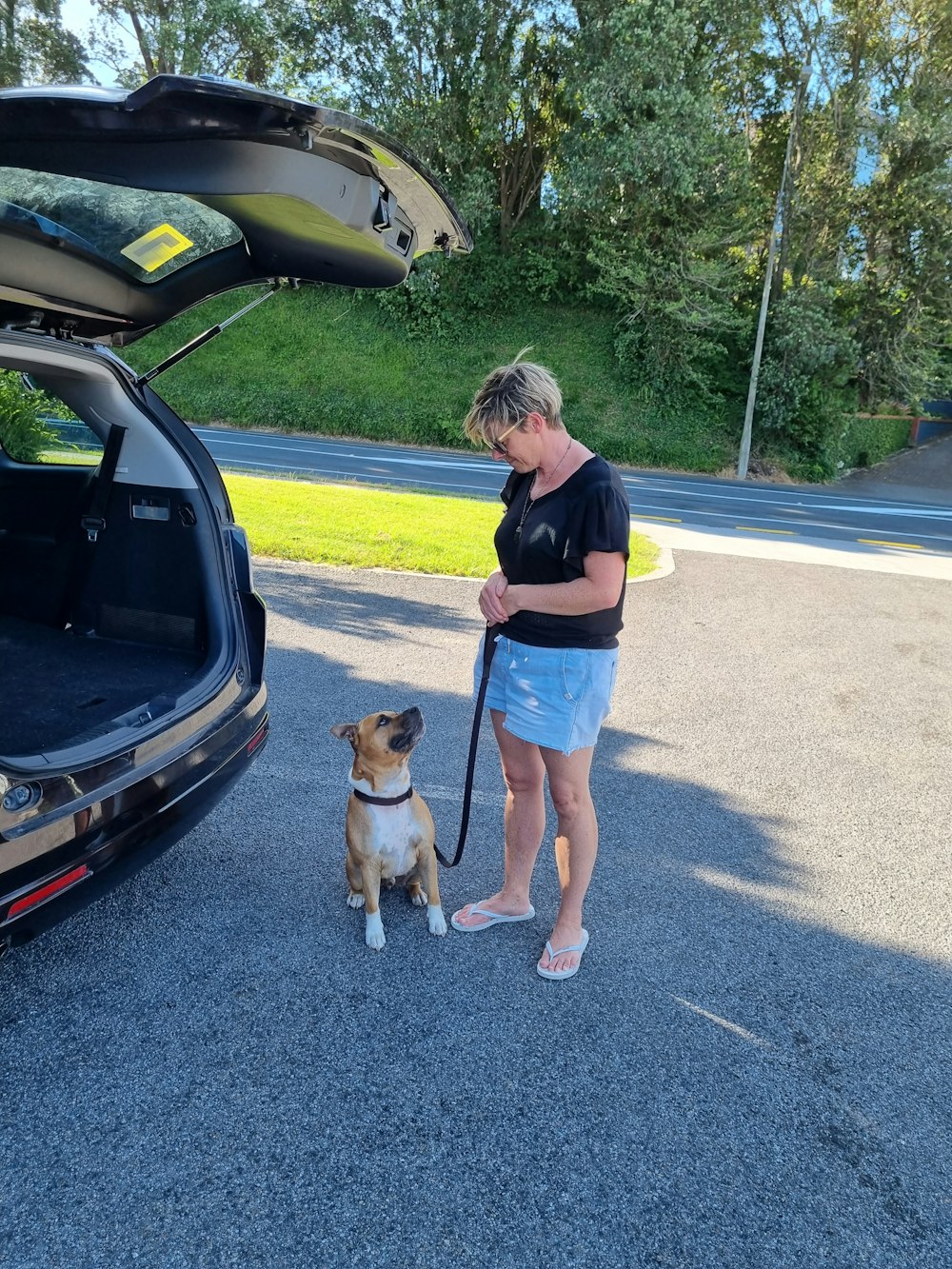 a woman standing next to a dog on a leash