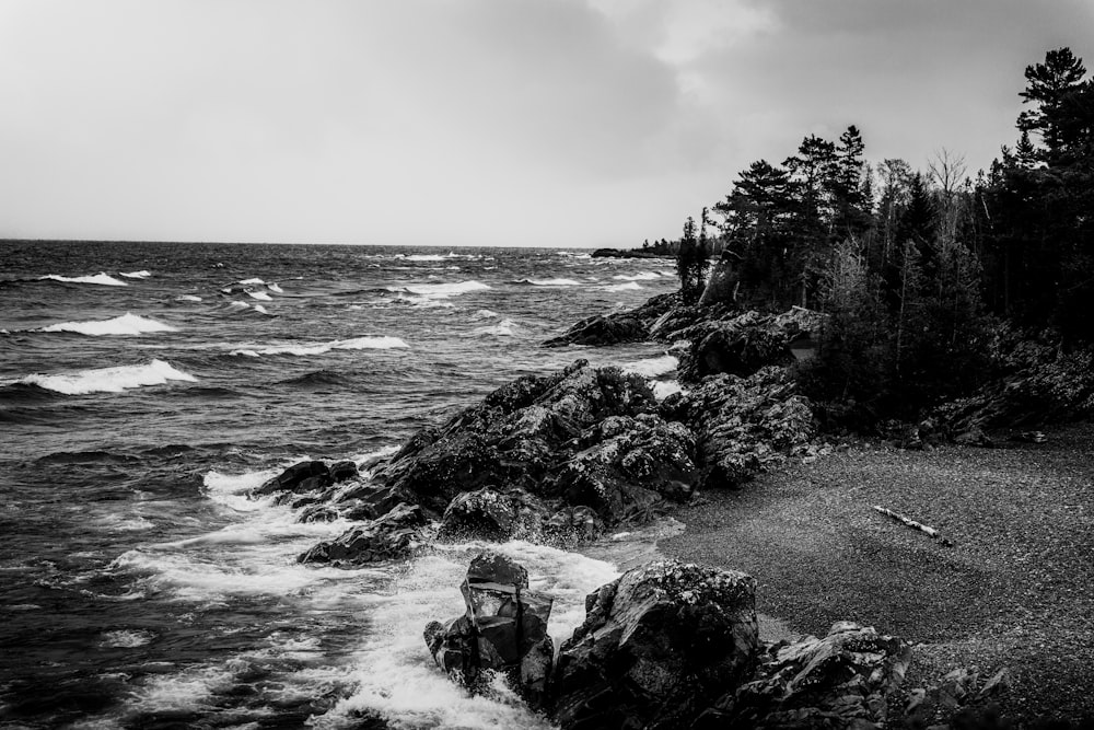 a black and white photo of a rocky shore