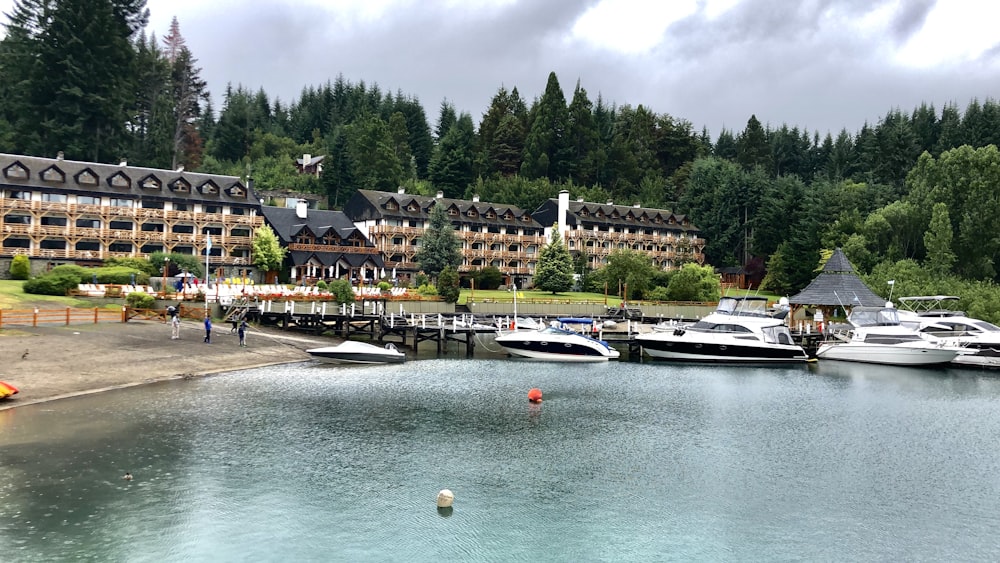 a group of boats docked in a harbor next to a hotel