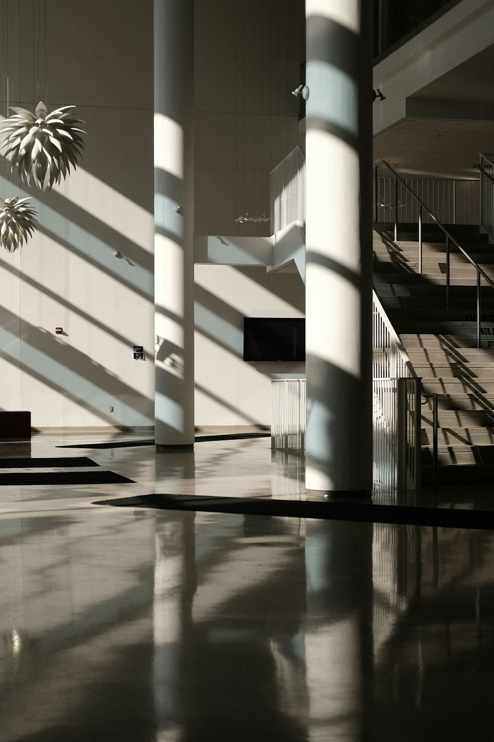 a large room with a lot of columns and a plant