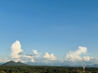 A landscape featuring a wide, clear blue sky with scattered fluffy white clouds. Below, a dense forest stretches across the horizon with a mountain range in the distance and a single telecommunications tower in the foreground.