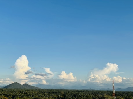 A landscape featuring a wide, clear blue sky with scattered fluffy white clouds. Below, a dense forest stretches across the horizon with a mountain range in the distance and a single telecommunications tower in the foreground.