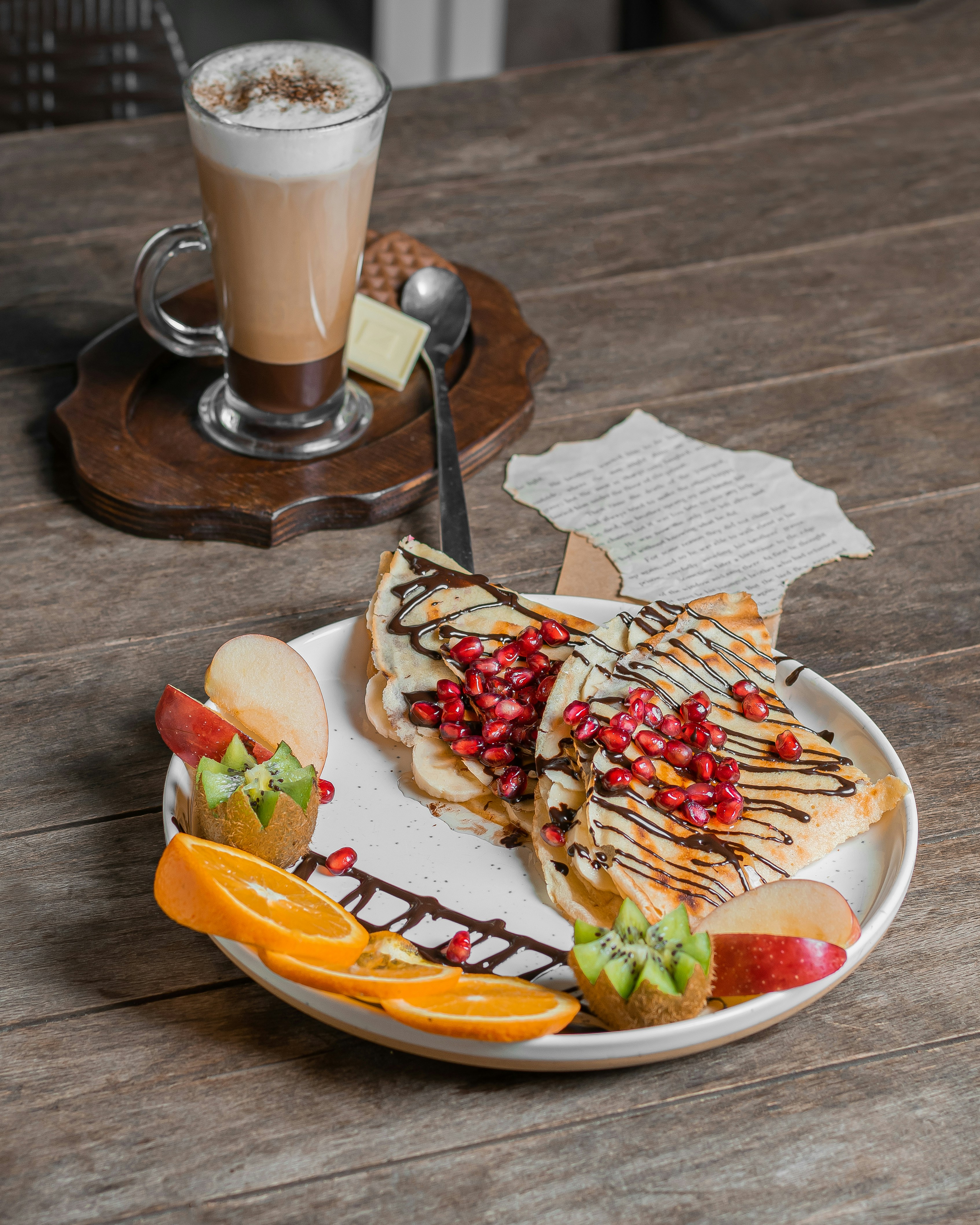 a plate of food on a table with a cup of coffee