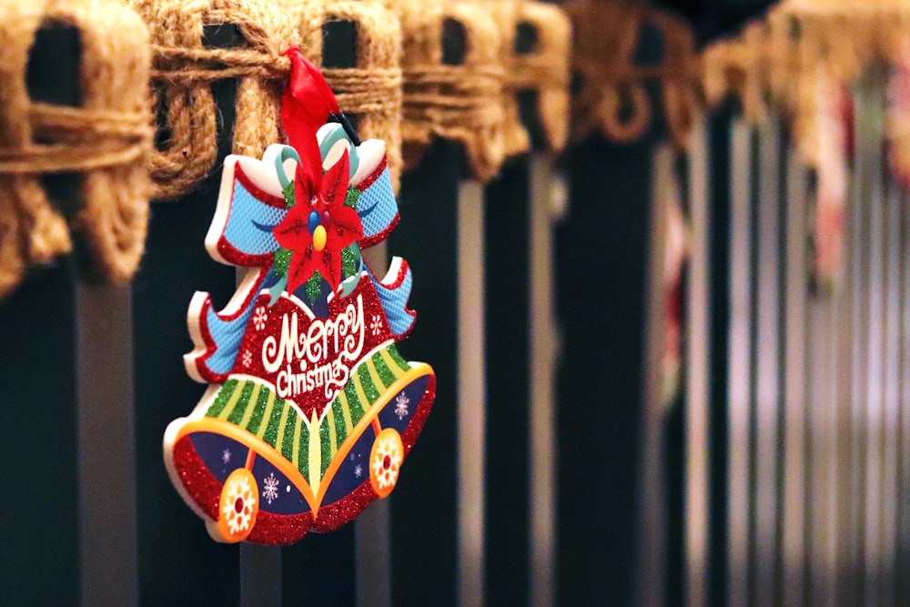 a christmas ornament hanging from a rope