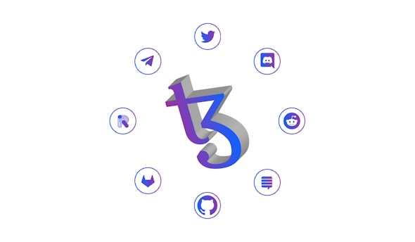 A central 3D stylized letter 'T' with a blend of purple and blue hues is surrounded by icons of popular social media and digital platforms, such as Twitter, Discord, Reddit, and GitHub, each enclosed in a blue circle.