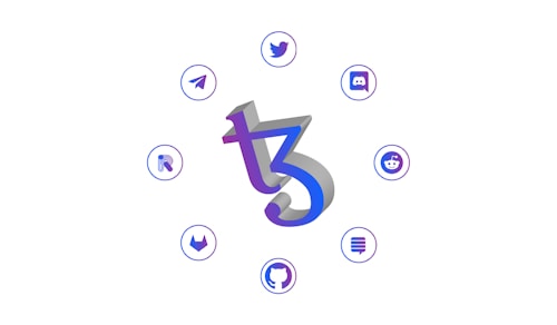 A central 3D stylized letter 'T' with a blend of purple and blue hues is surrounded by icons of popular social media and digital platforms, such as Twitter, Discord, Reddit, and GitHub, each enclosed in a blue circle.
