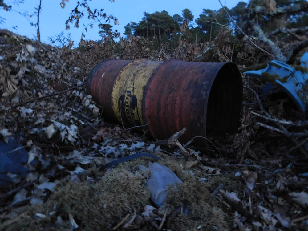 a rusty barrel sitting on top of a pile of leaves