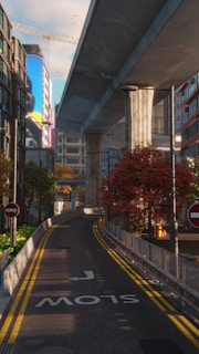 An urban scene featuring an elevated highway with concrete pillars, surrounded by modern buildings. Below the highway, there is a curved road with yellow lane markings and the word 'SLOW' painted on it. The area is accentuated by foliage, including red and green trees, and a large construction crane is visible in the background against a blue sky.