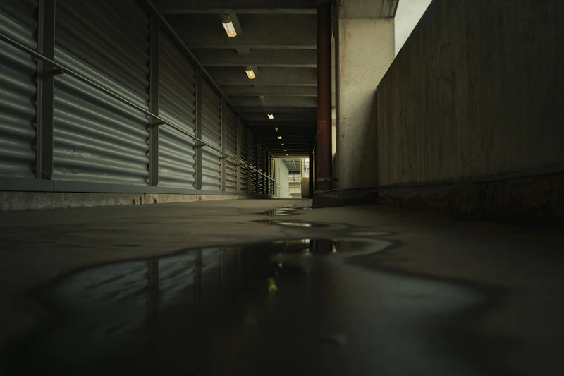 Hallway floor with a puddle of water, leak detection