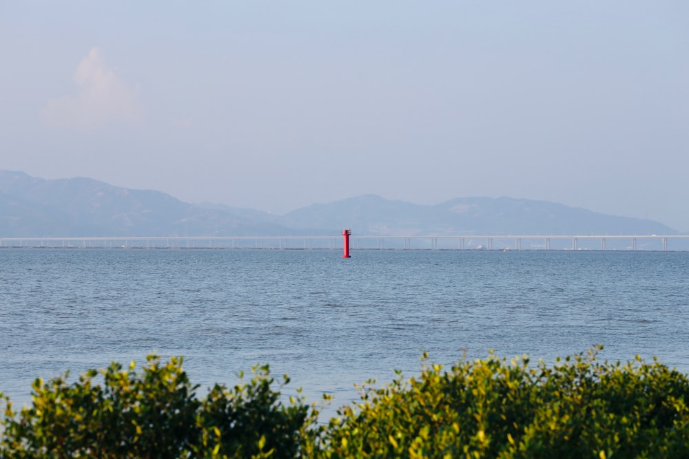 a large body of water with a bridge in the distance